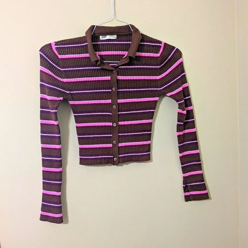 Y2K Brown & Pink Striped Ribbed Knit Polo Cardigan Crop Top